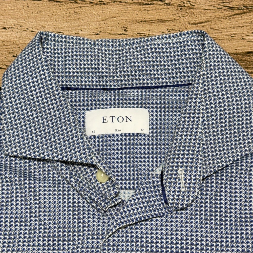 Eton Button Up Shirt Mens 17 Blue Slim Fit Performance Geometric Micro Print